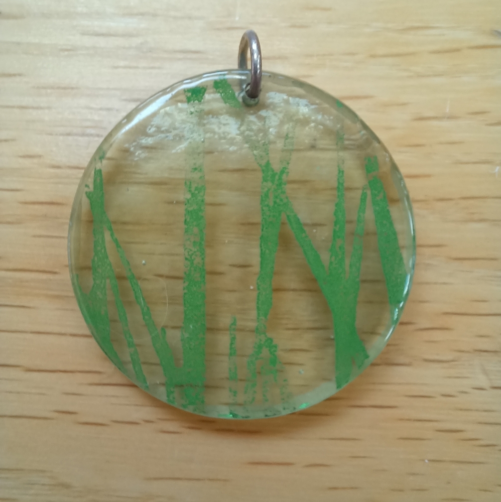 Handmade Transparent Circular Pendant w/ Grass Print - 1.5 Inches in Dia…